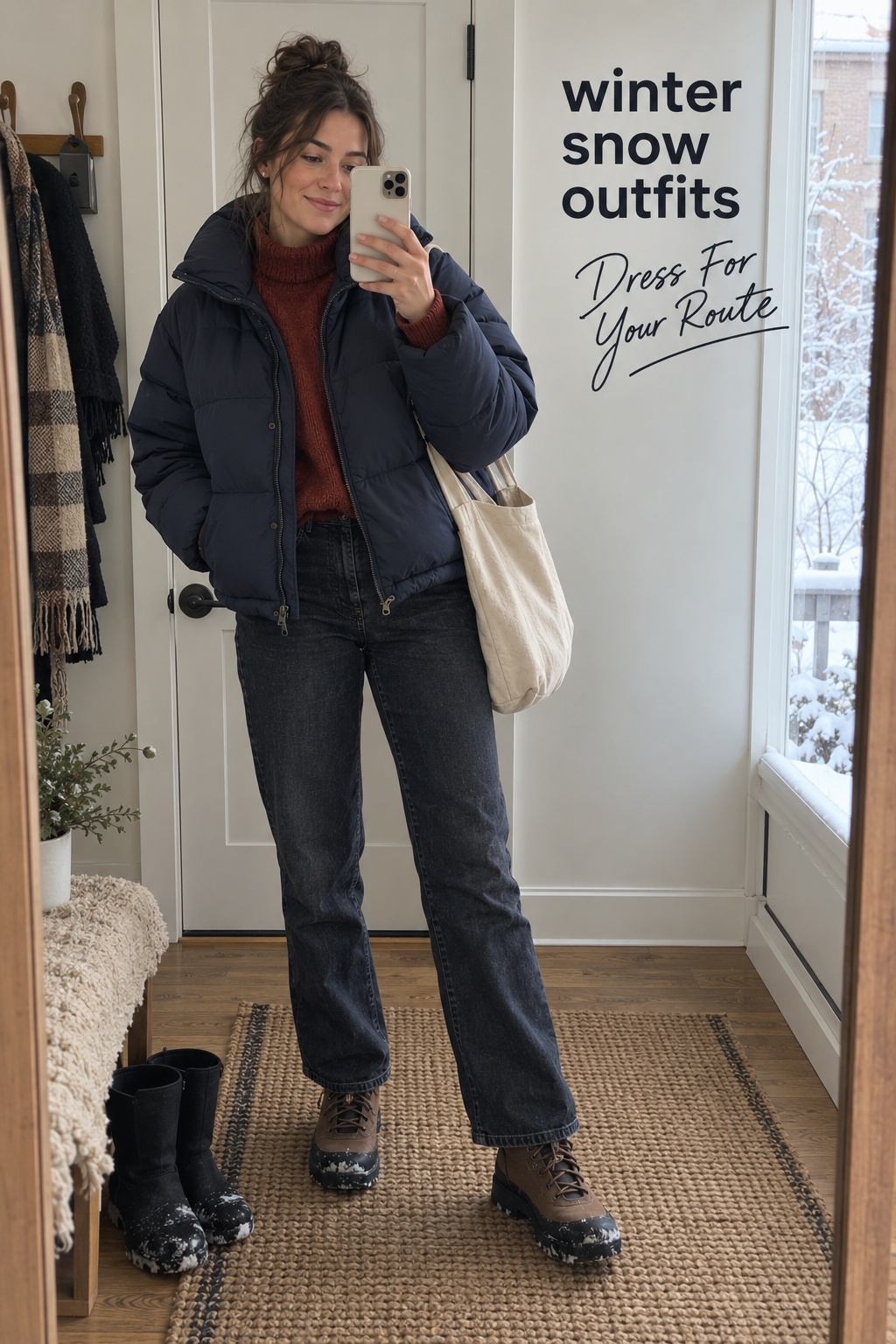 Winter snow outfits: illustrative mirror look with puffer, jeans, and winter boots