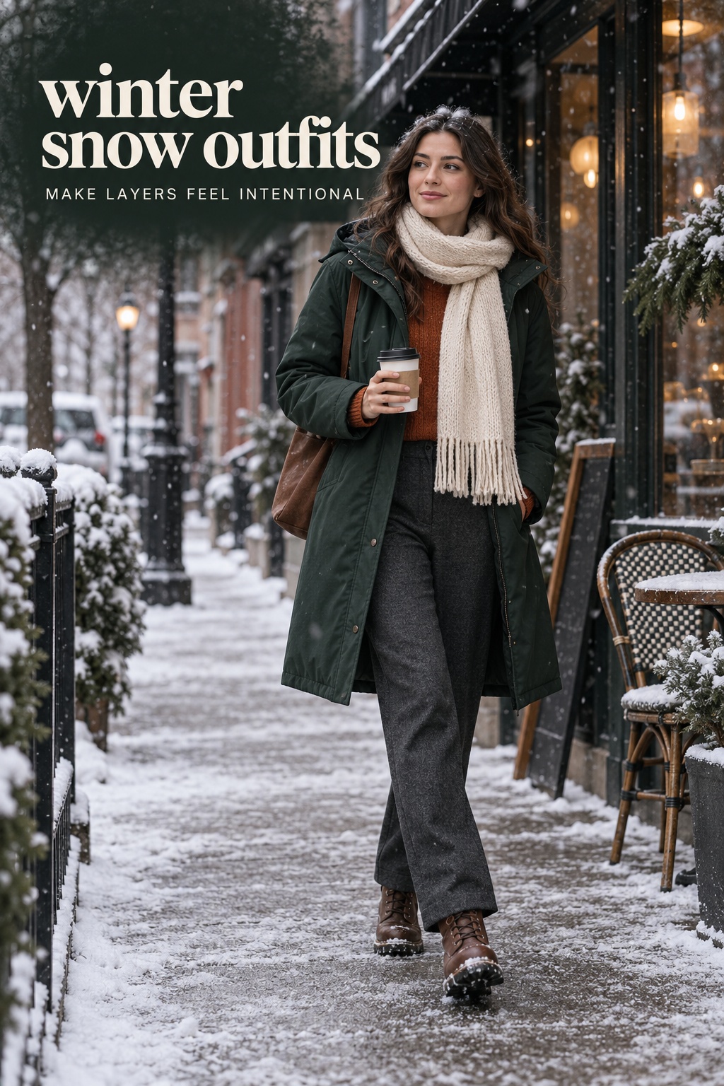 Winter snow outfits: green weatherproof coat and cream scarf in light snow