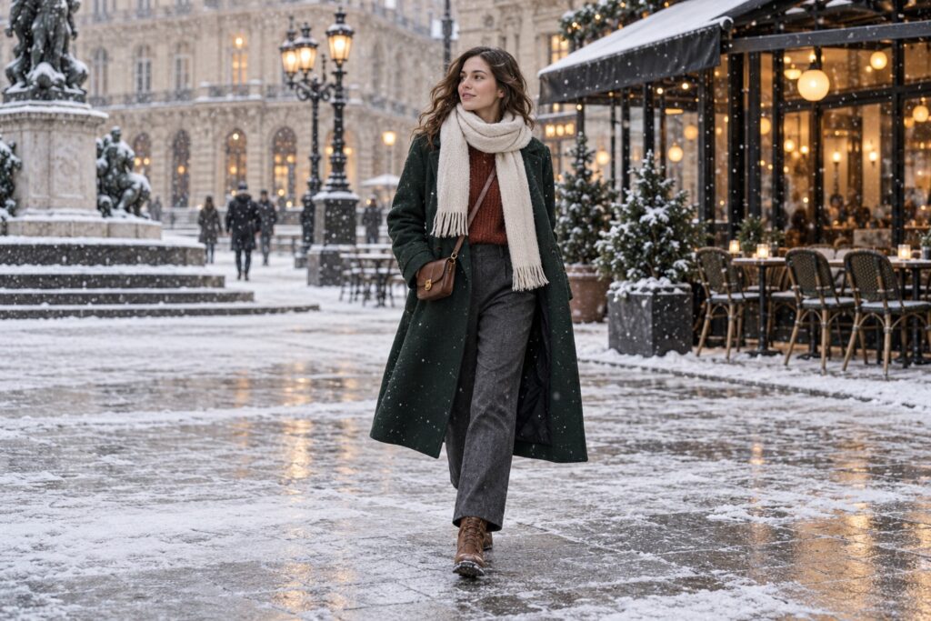 Winter snow outfits: green coat and winter boots on a snowy city walk