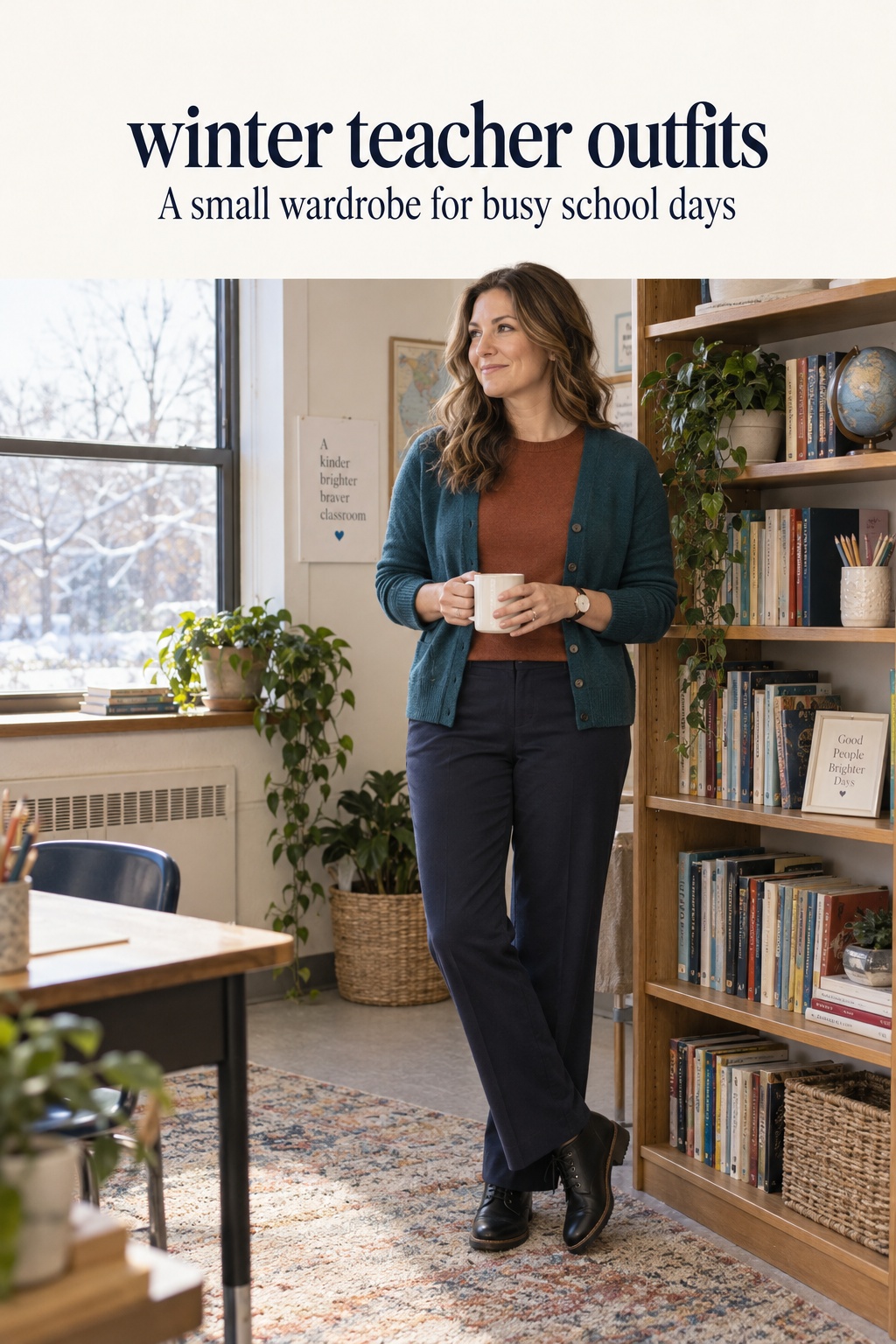 Winter teacher outfits with rust crewneck, navy trousers, teal cardigan, and black ankle boots