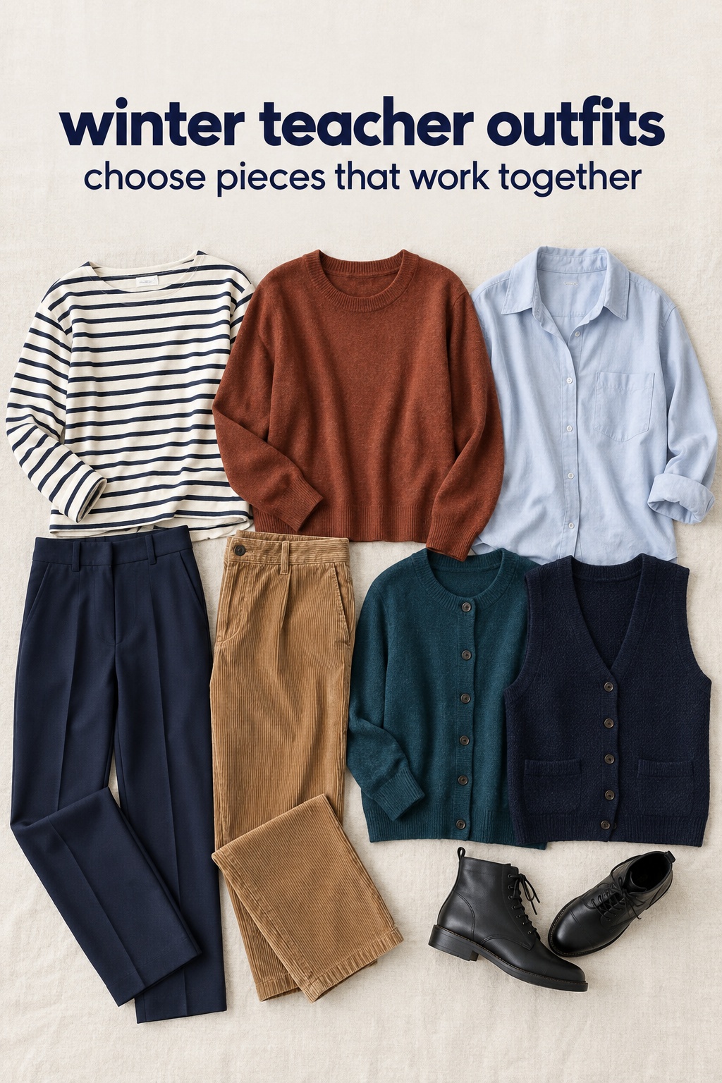 Winter teacher outfits flatlay with navy trousers, camel corduroys, three tops, two knits, and boots
