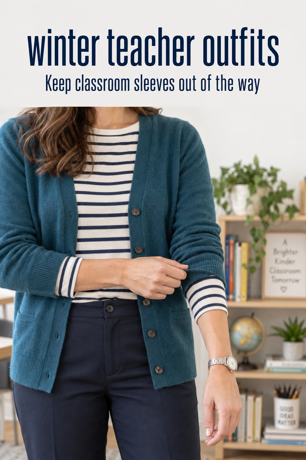 Winter teacher outfits detail showing striped sleeves, teal cardigan cuffs, and navy trousers