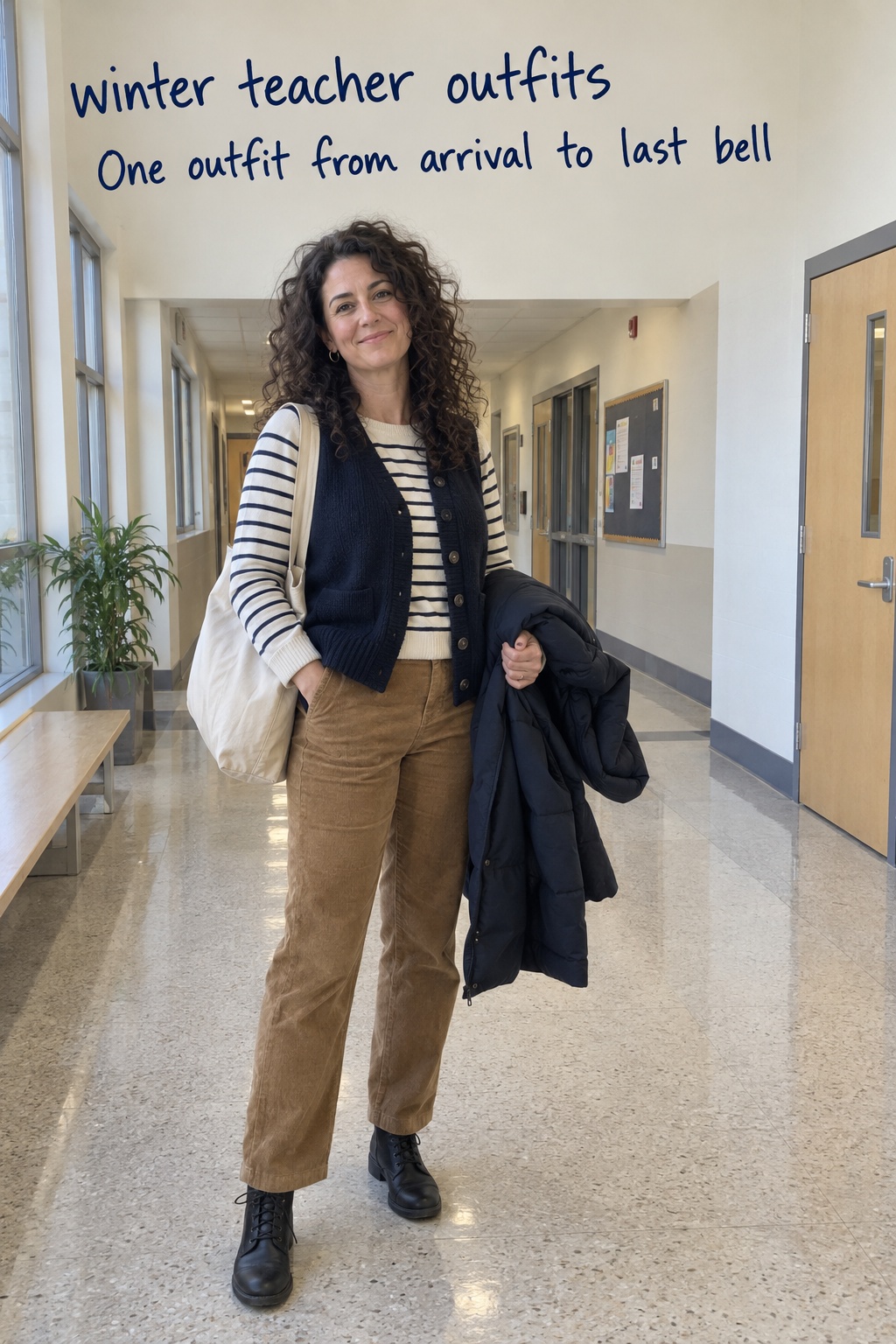 Winter teacher outfits with striped tee, camel corduroys, navy waistcoat, and coat carried in a hallway