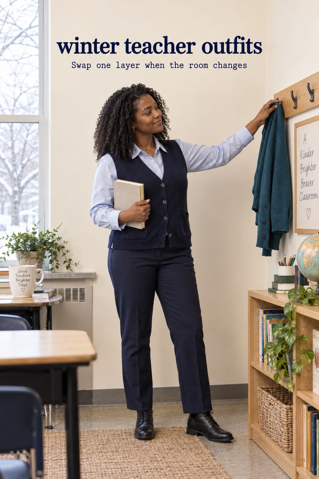 Winter teacher outfits with pale blue blouse, navy waistcoat, trousers, and a teal cardigan on a hook