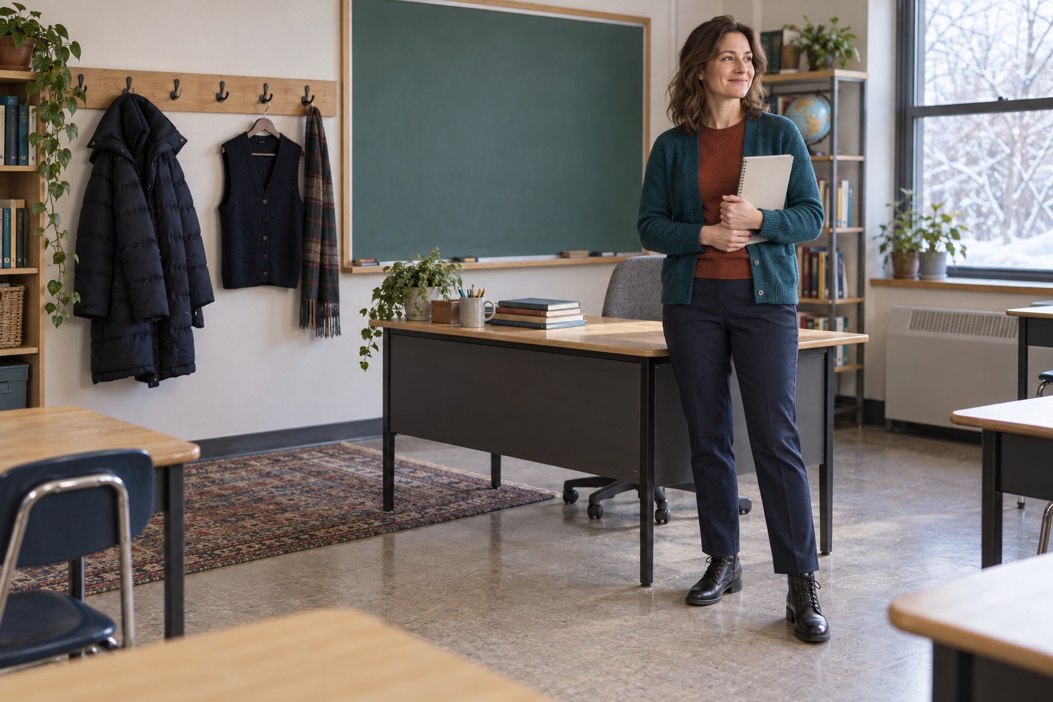 Winter teacher outfits with rust crewneck, navy trousers, and teal cardigan beside a classroom desk