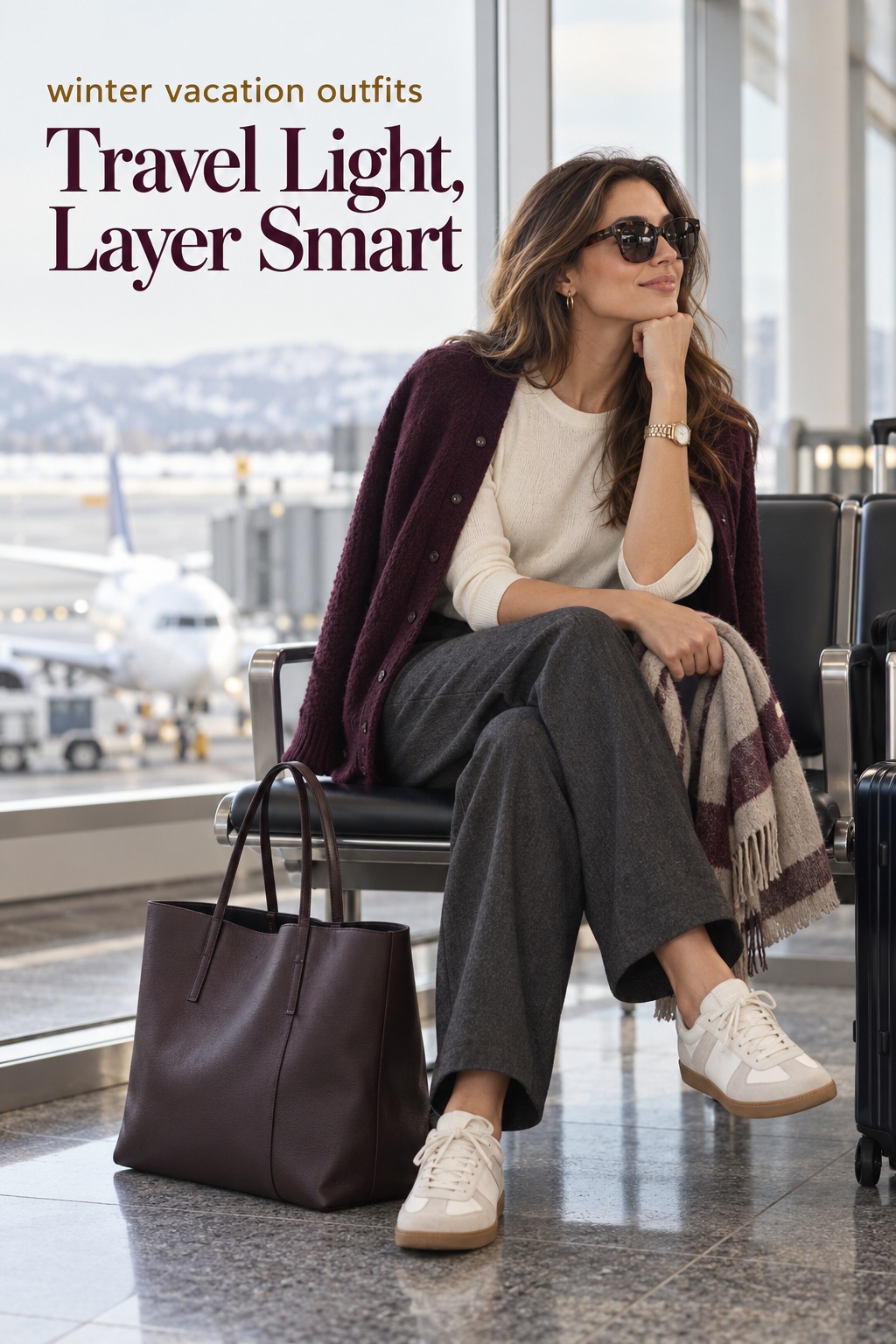 Winter vacation outfits: ivory knit, plum layer, and relaxed travel trousers
