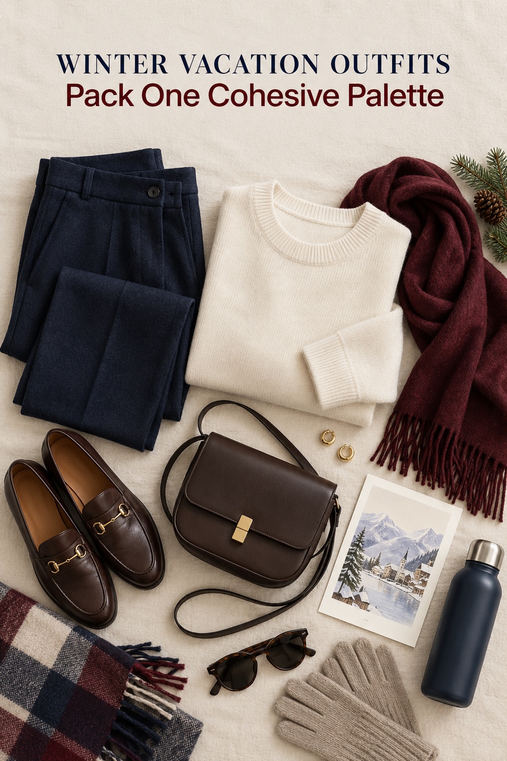 Winter vacation outfits flatlay in navy, ivory, and burgundy travel colors