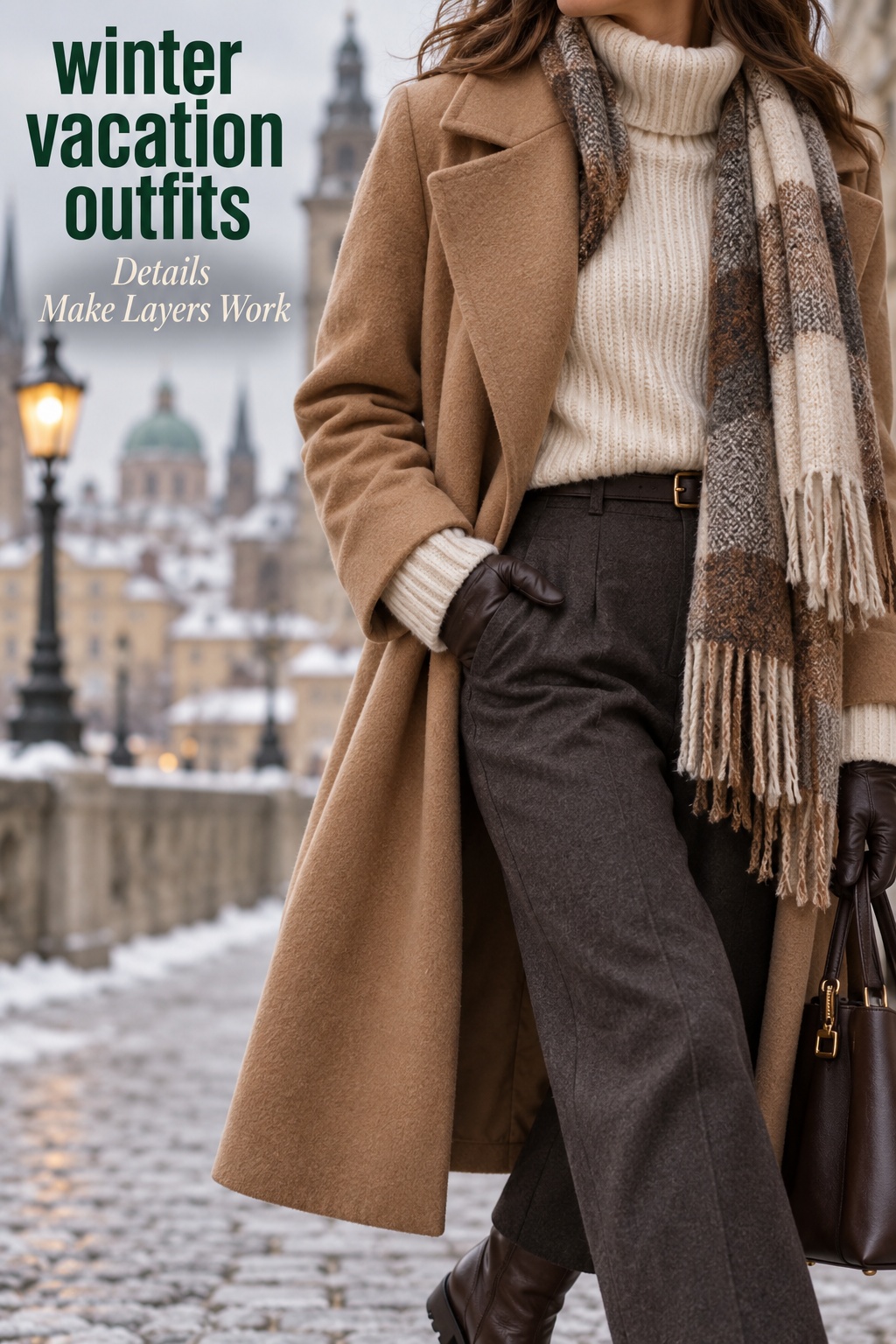 Winter vacation outfits detail: camel coat, ribbed knit, scarf, and gloves