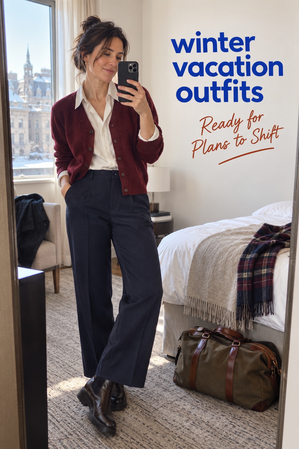 Winter vacation outfits: illustrative candid hotel mirror look with navy trousers