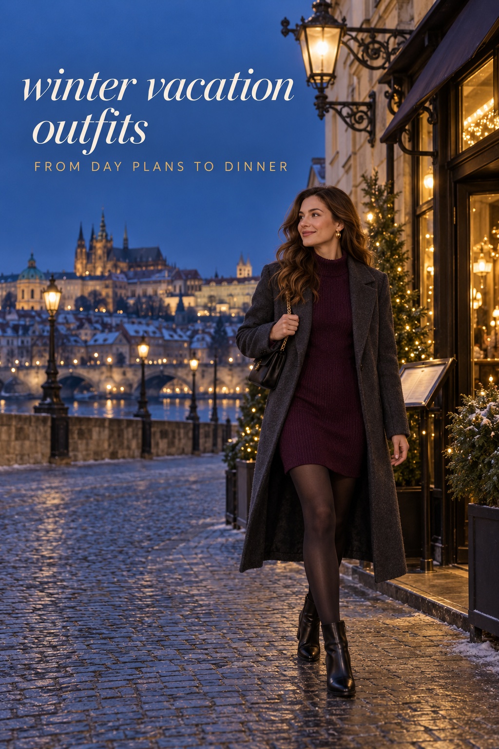 Winter vacation outfits evening look: plum knit dress and charcoal coat